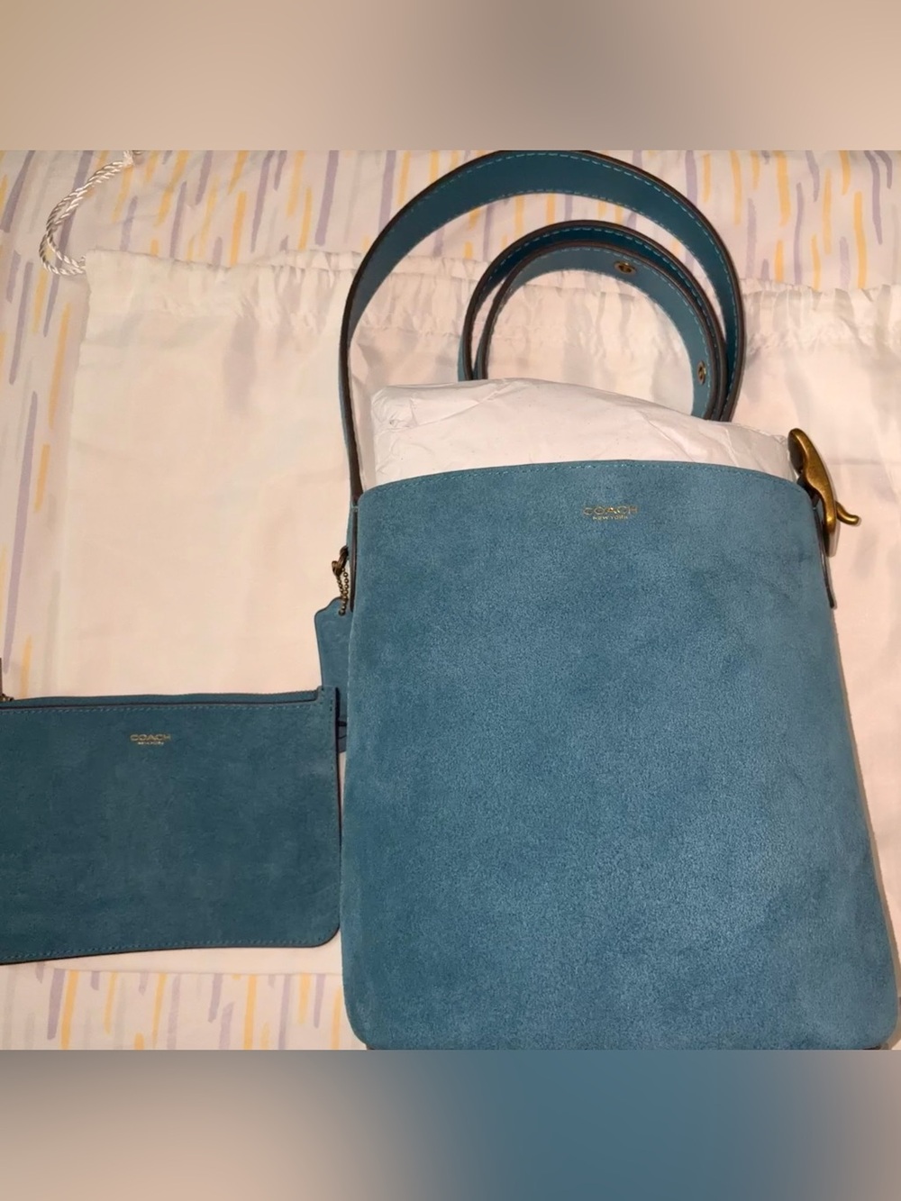 Coach Bleecker Bucket 21 Bag Sea Blue Suede - Picture 3 of 6